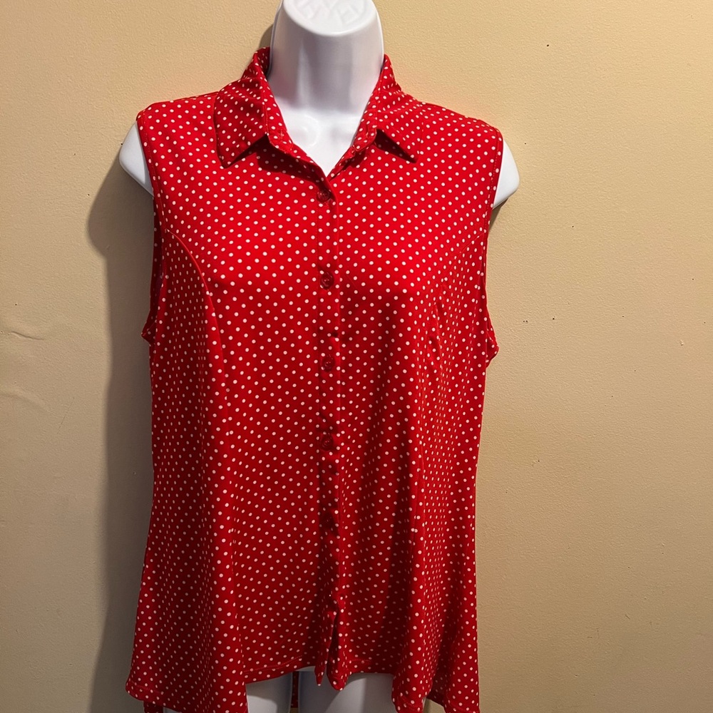 Red and white polka dot, button down, sleeveless